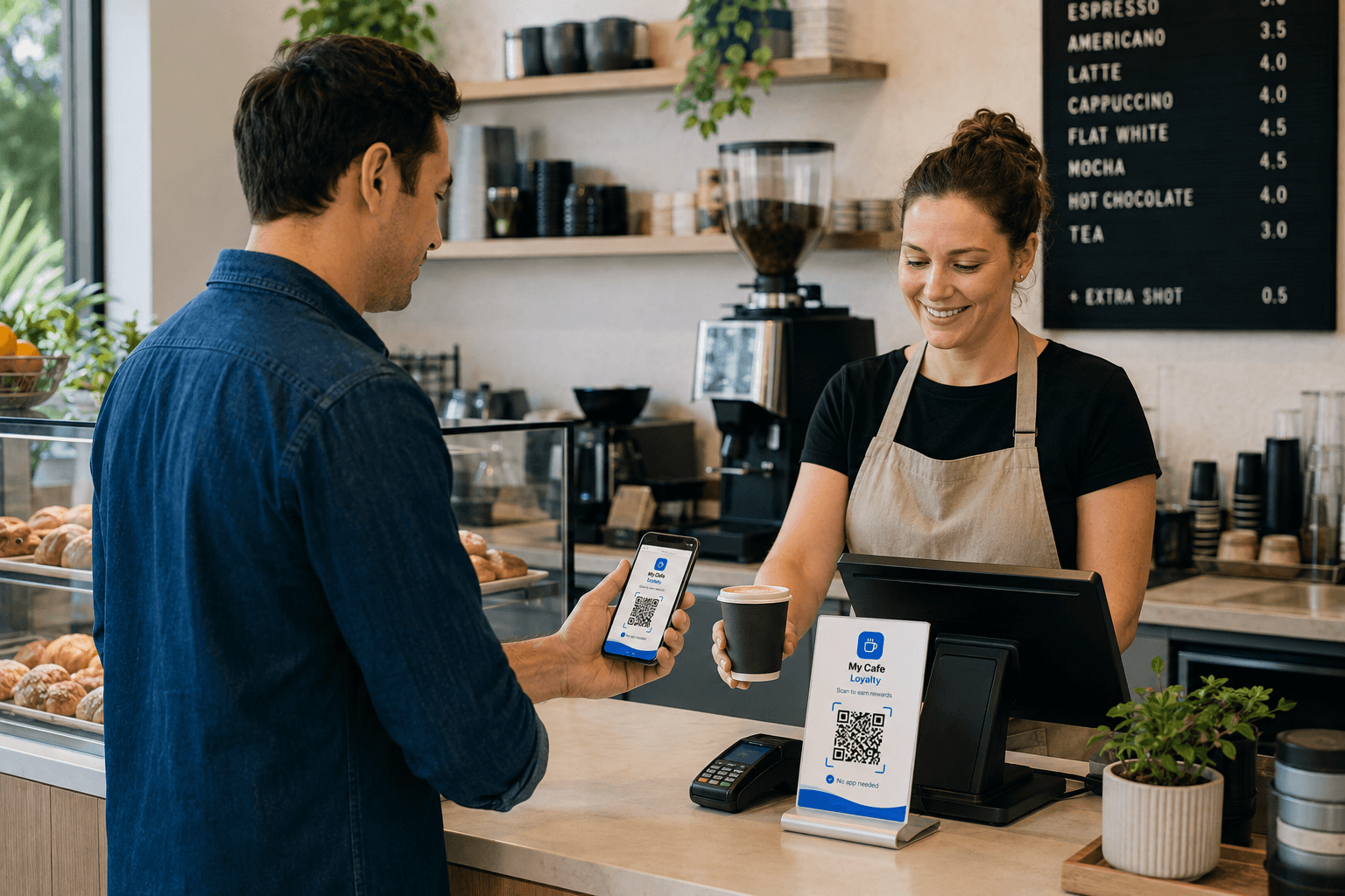 A customer checking in with the My Cafe Loyalty QR standee at a cafe counter