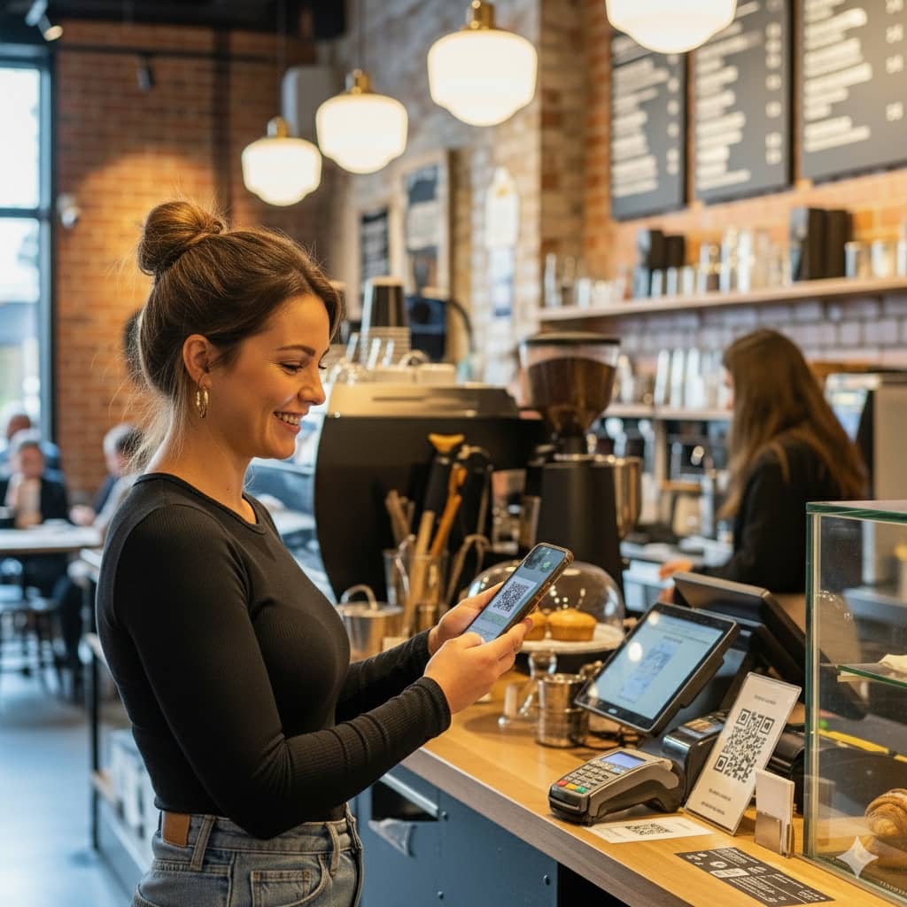 Customer scanning QR code at cafe counter